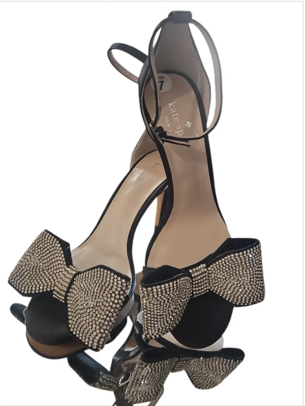 Kate Spade New York Gweneth Black Satin Rhinestone Crystal Bow Heels Sandal Sz 7
